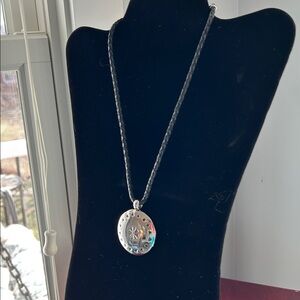 Lauren Ralph Lauren silver medallion necklace black leather cord adjusts 15-18 “